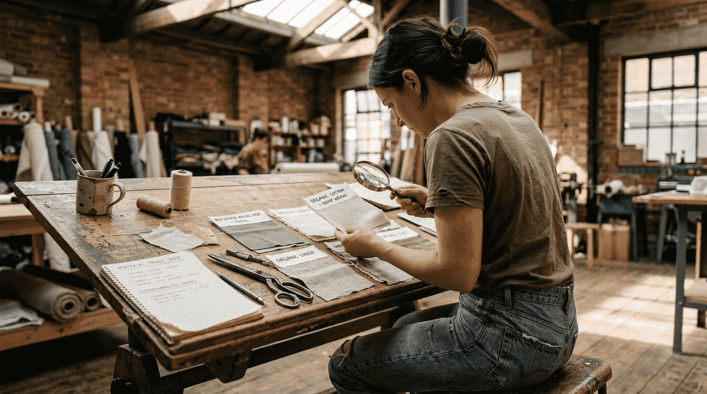 Designer reviewing sustainable fabric swatches