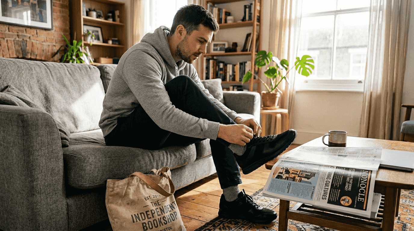 Man in hoodie with subtle stag emblem