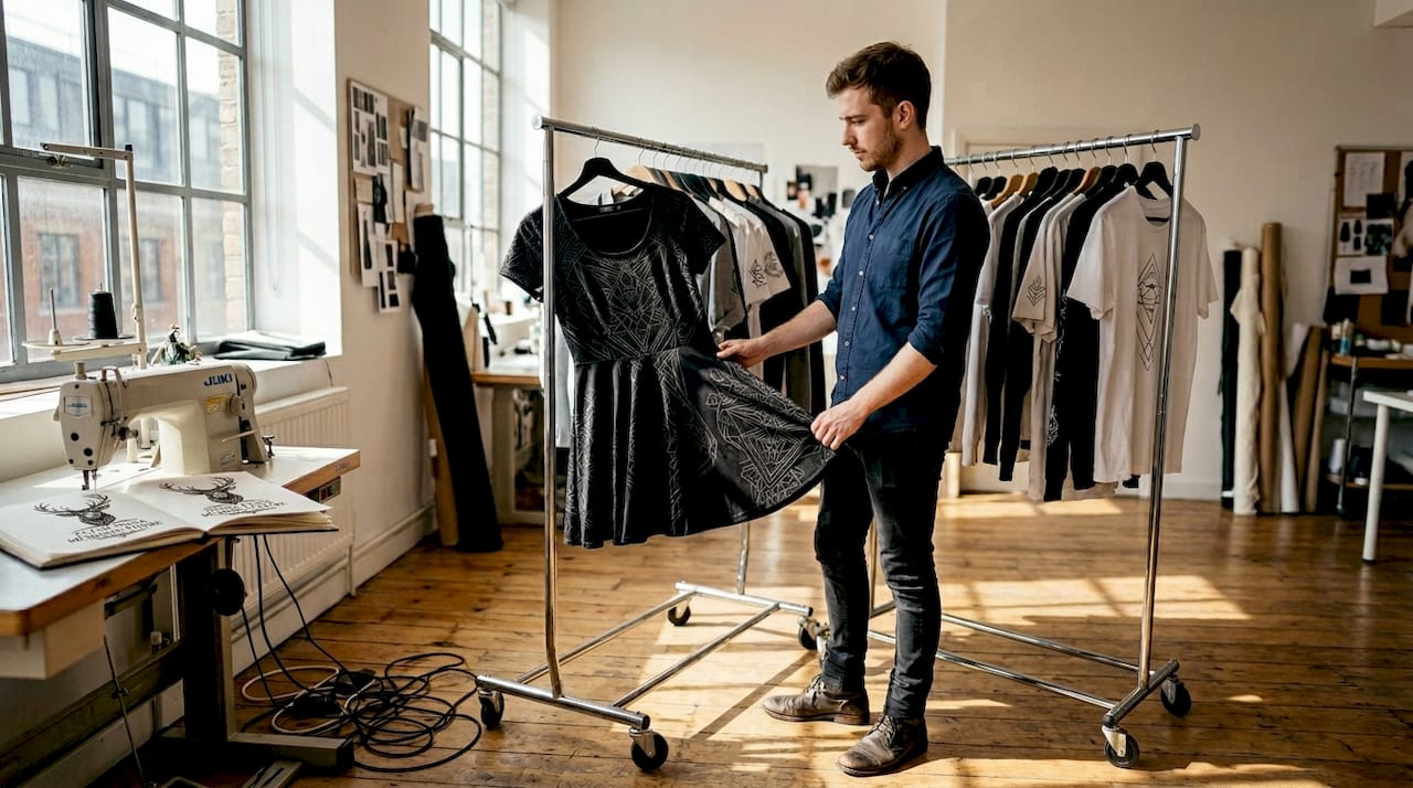 Designer examining tattoo-inspired geometric dress
