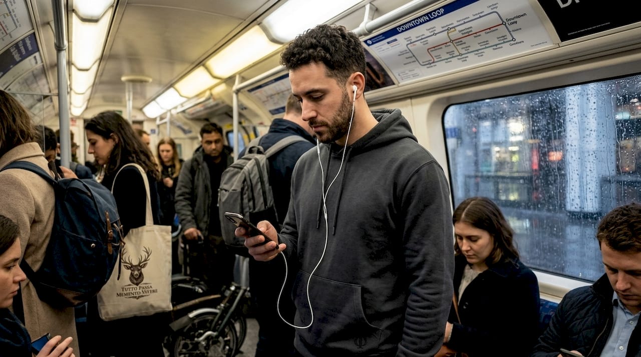 Commuter wearing philosophical hoodie in subway