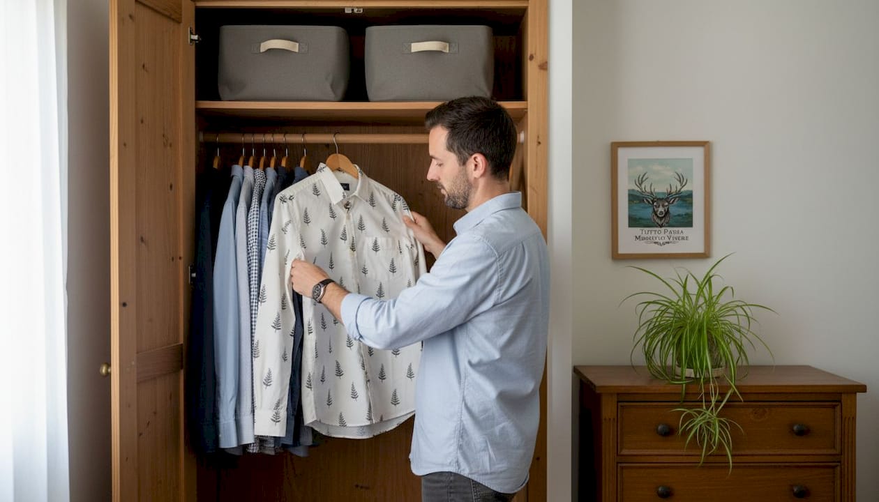 Man choosing nature themed shirt in closet