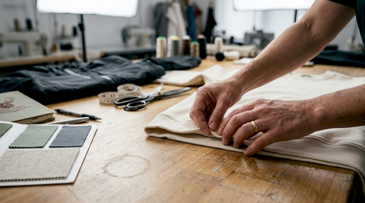 Hands adjusting minimalist streetwear garment details