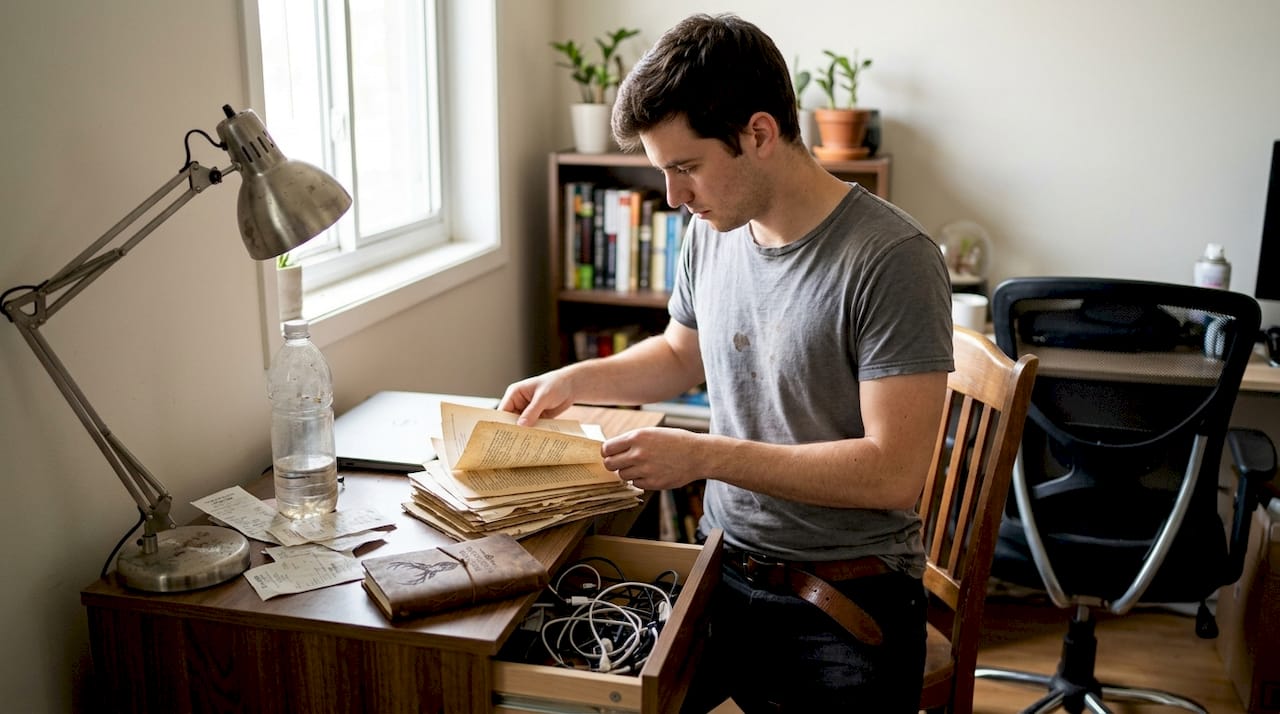 Sorting papers at minimalist living room desk