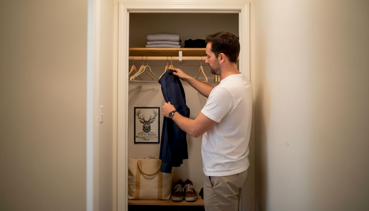 Man organizing small hallway closet