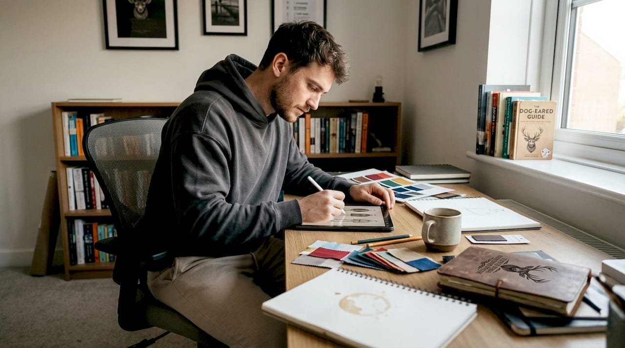 Designer balancing streetwear outfit at home desk