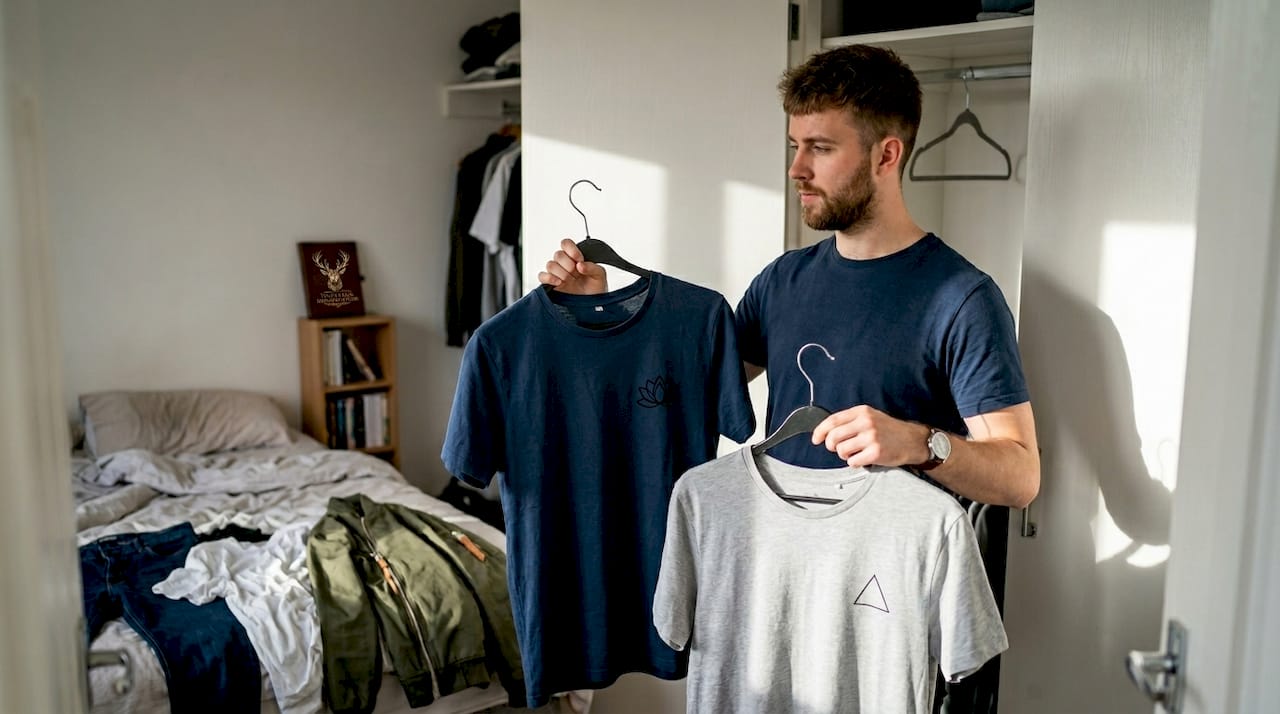 Man choosing minimalist tattoo symbol shirts