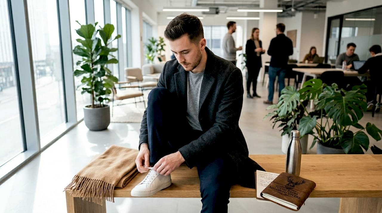 Man in minimalist attire prepares for work