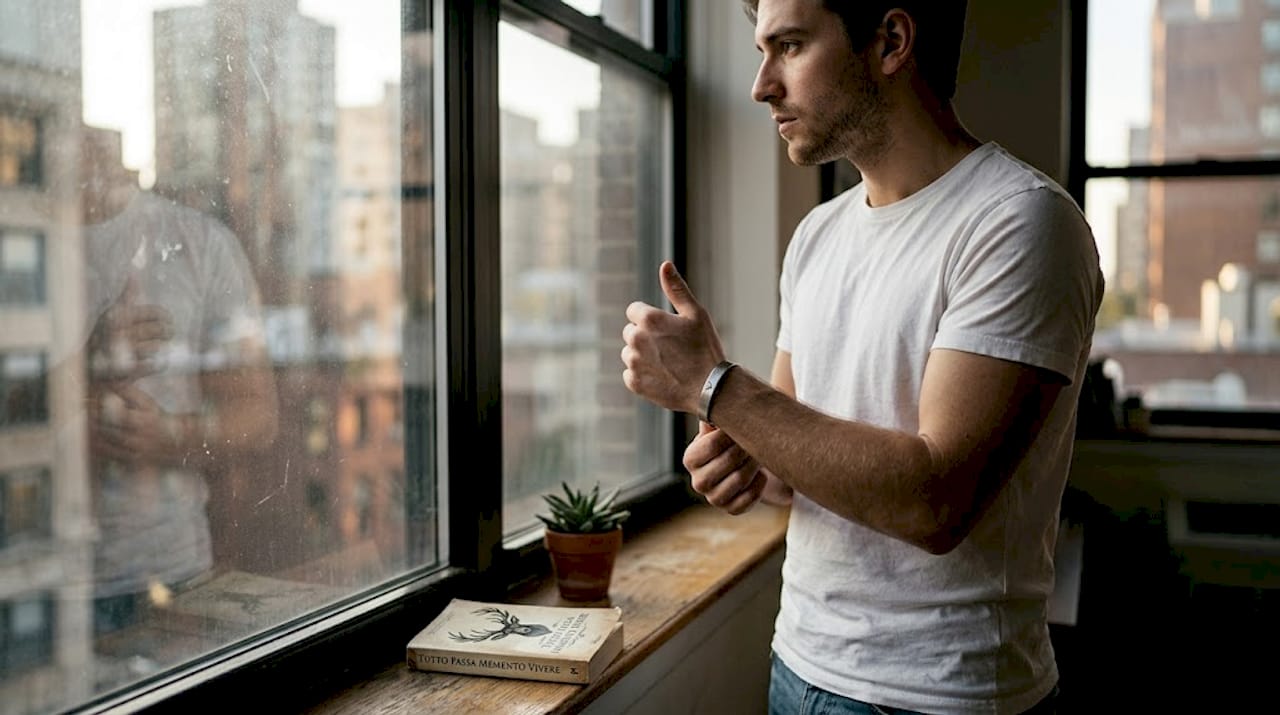 Man touching engraved bracelet near window