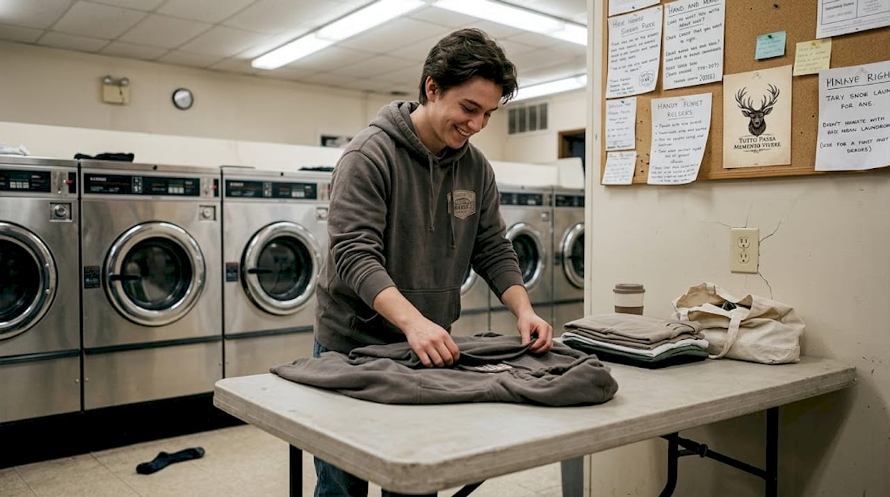 Person folding streetwear at urban laundromat
