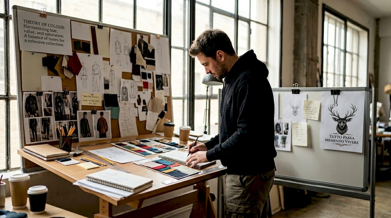 Designer working at streetwear studio table