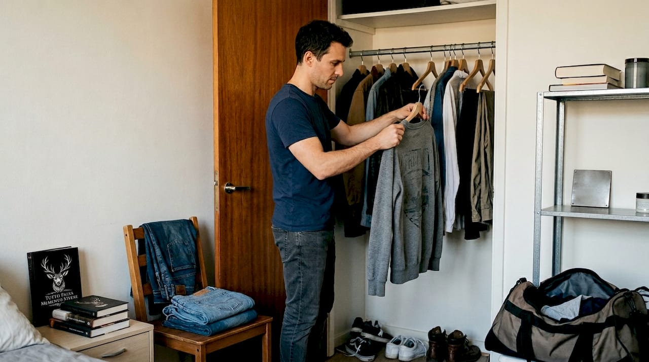 Man choosing motivational streetwear from closet