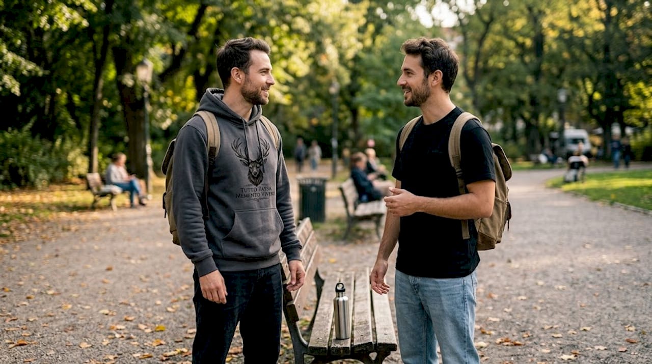 Two friends comparing minimalist streetwear in park