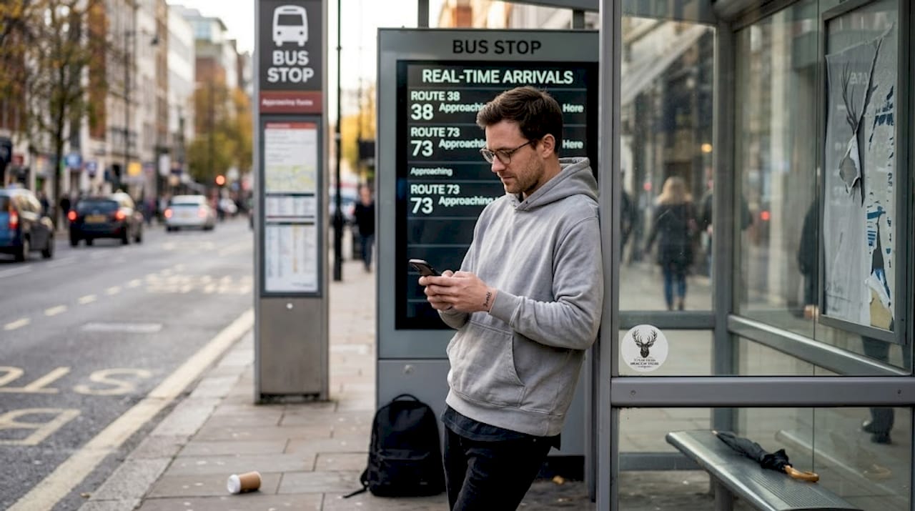 Man wearing minimalist affirmation hoodie at bus stop