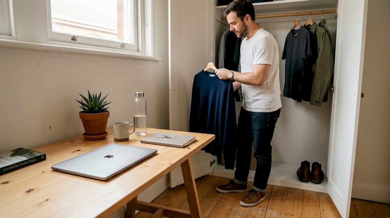 Man selecting minimalist sweater in home office