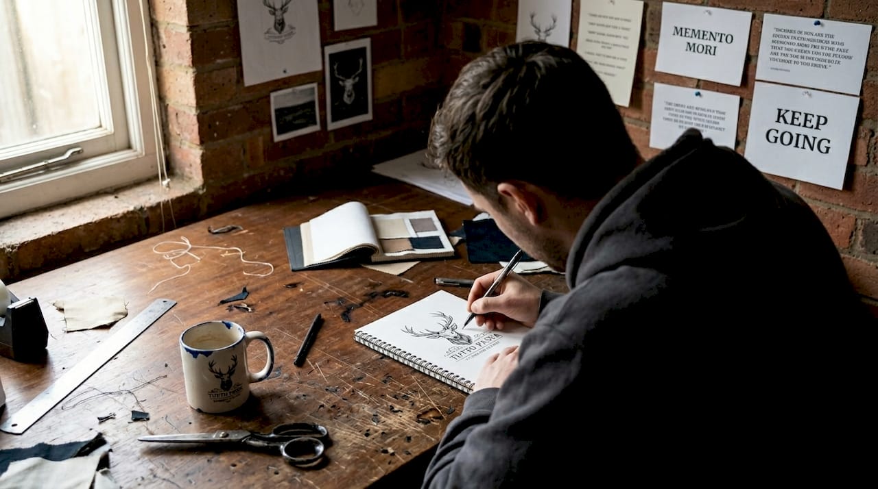 Designer sketching stoic streetwear logo in studio