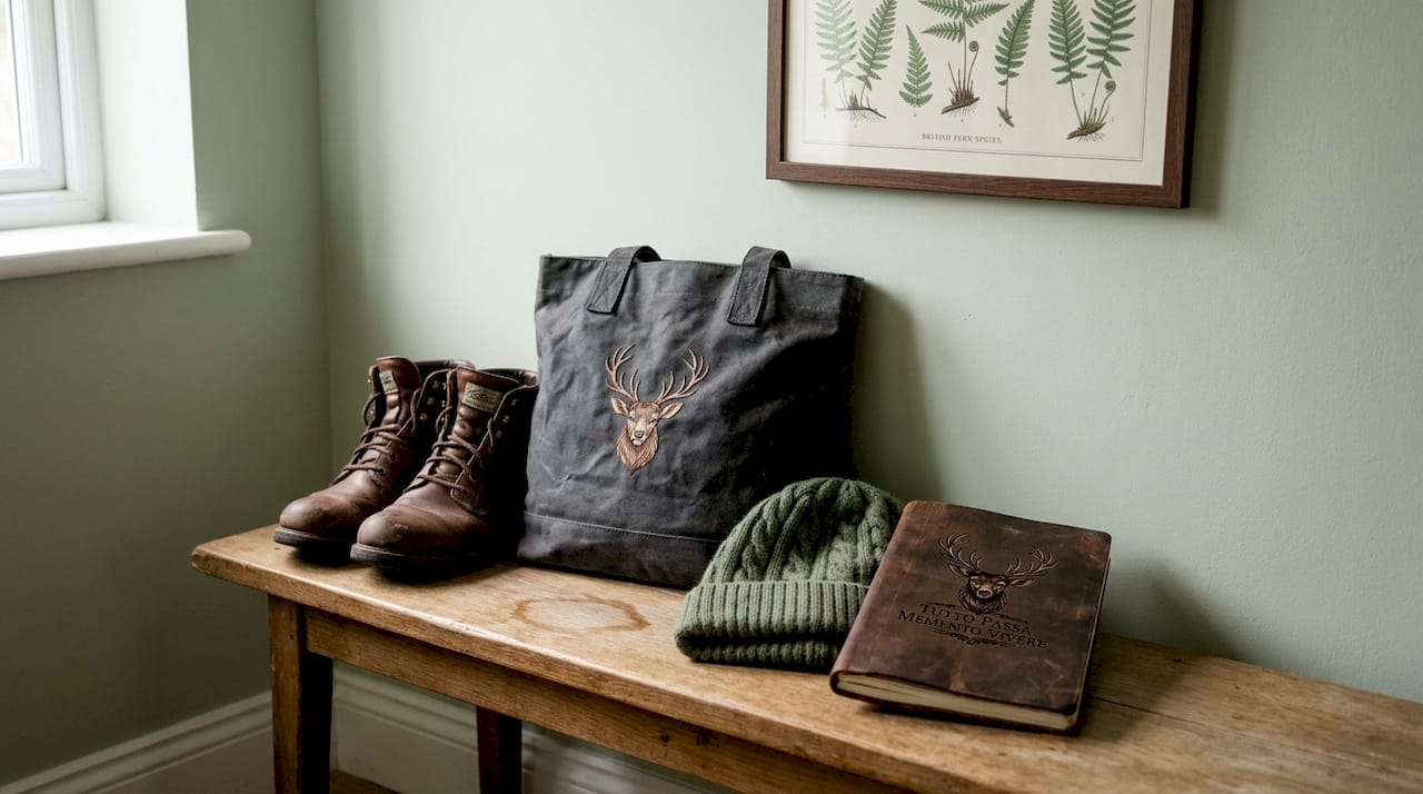 Wildlife-style accessories on hallway bench