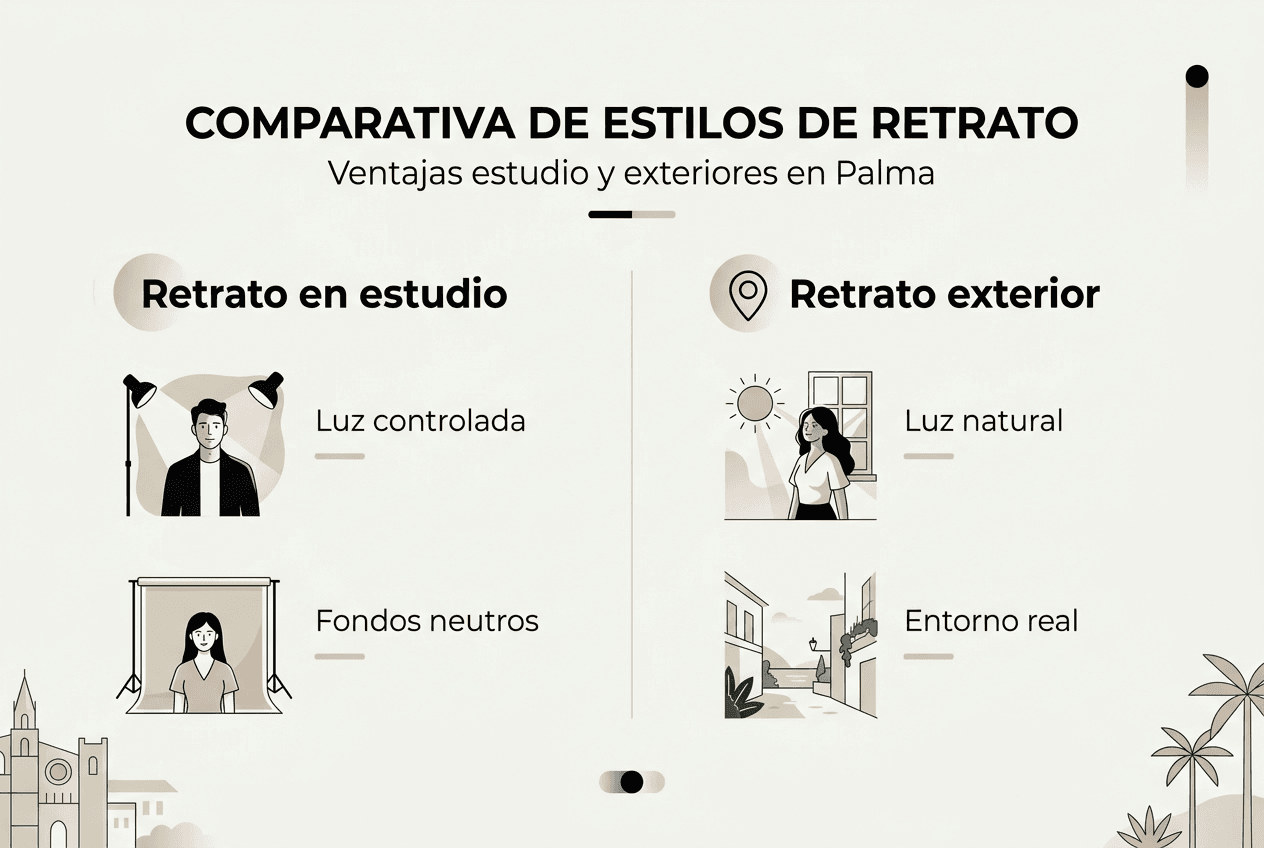 Comparativa: ¿Qué ventajas tiene hacerse un retrato en estudio frente a uno en exteriores en Palma?