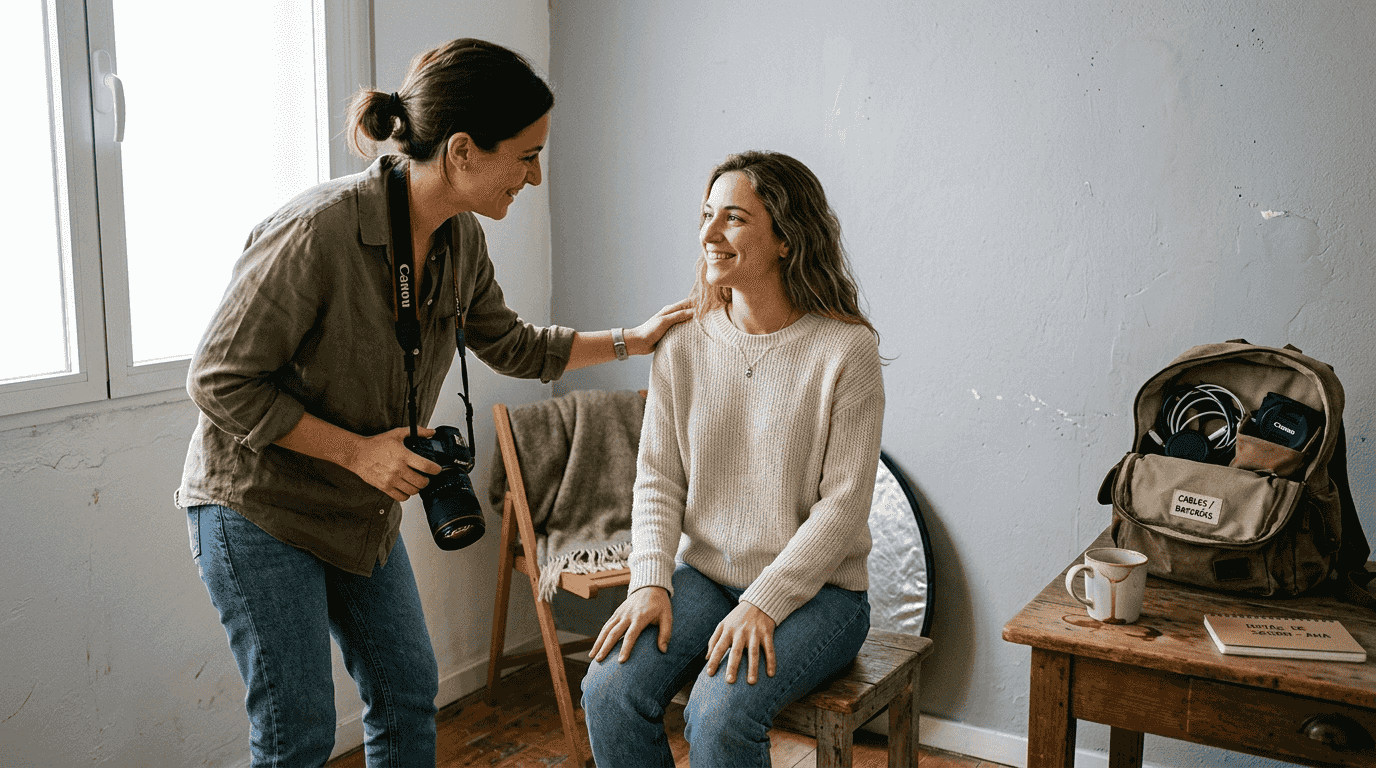 Fotógrafa dirigiendo una sesión en estudio con iluminación suave