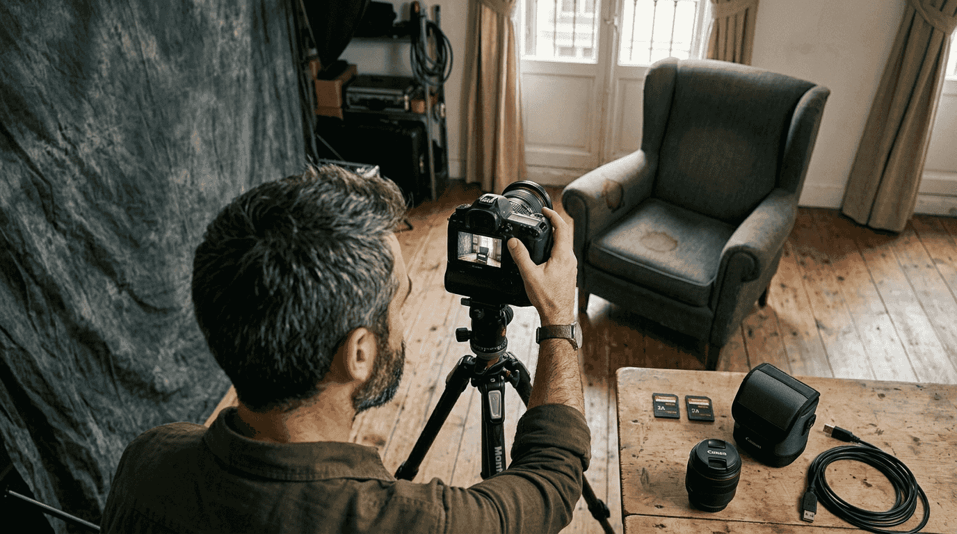 Un fotógrafo prepara su cámara antes de una sesión en el estudio.