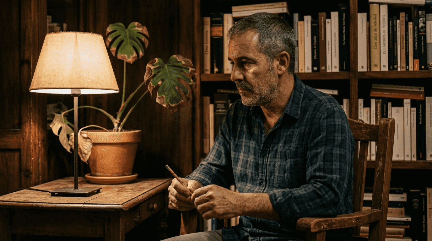 Retrato con iluminación estilo Rembrandt en una habitación con ambiente vivido