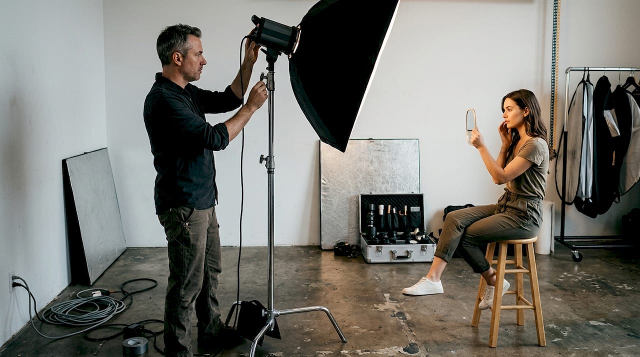 Fotograf bereitet die Beleuchtung für eine Studio-Porträtsitzung vor
