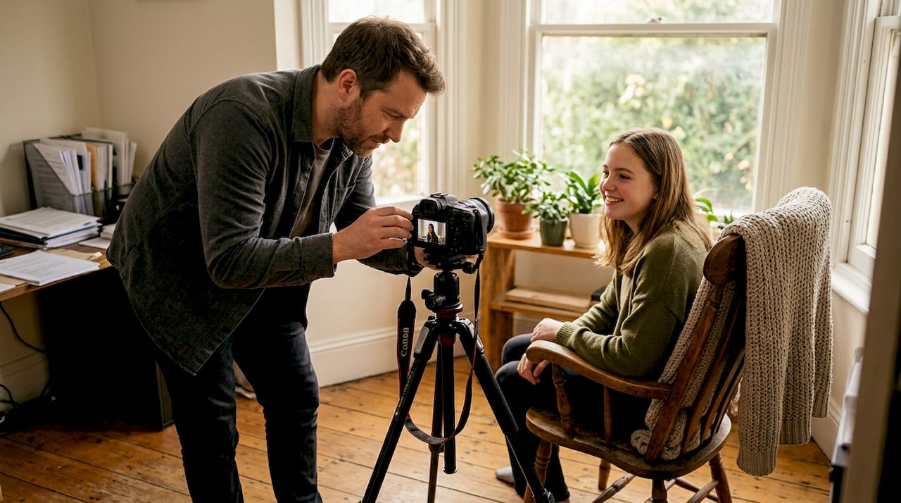 Un fotógrafo especializado en arte realiza una sesión de retrato en su estudio.