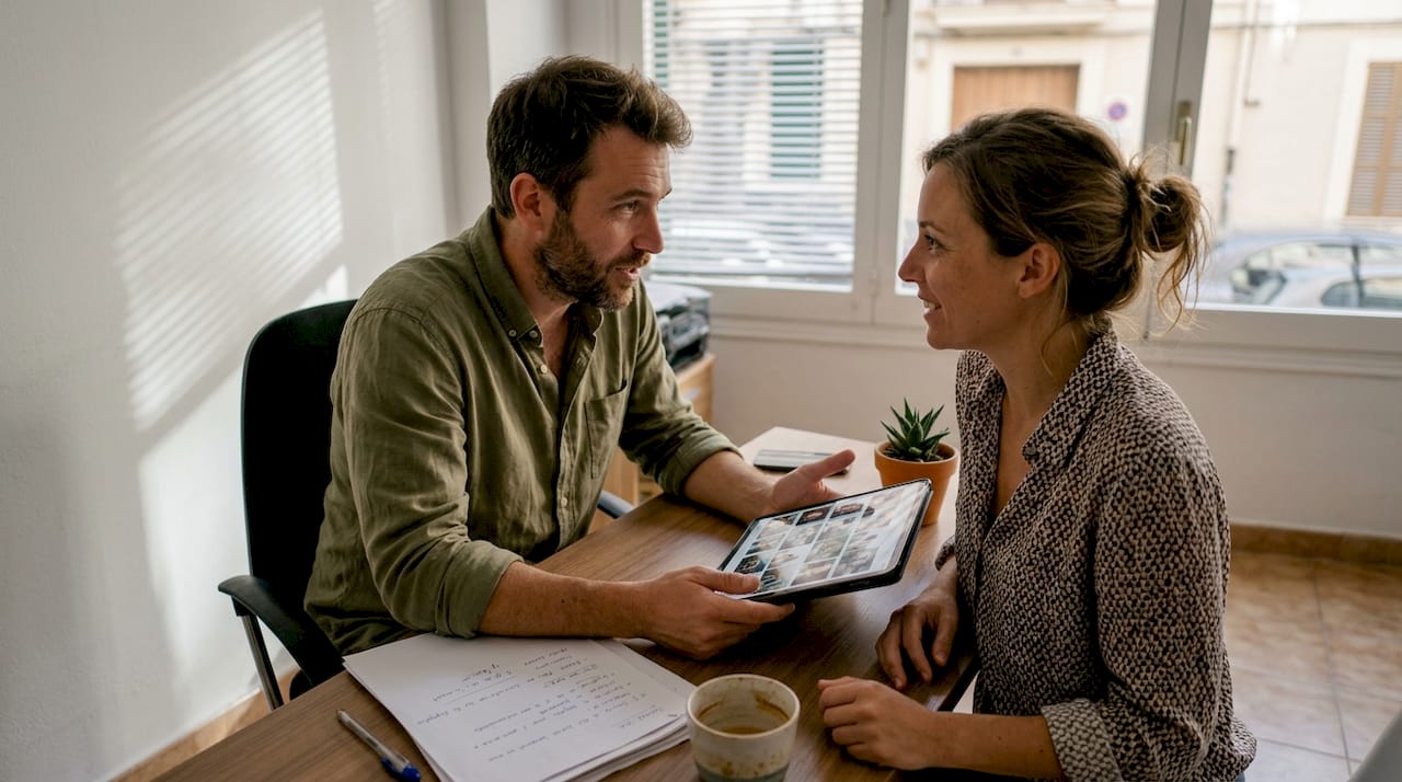 Fotograf präsentiert seine Sammlung von Porträts in einem Büro in Palma