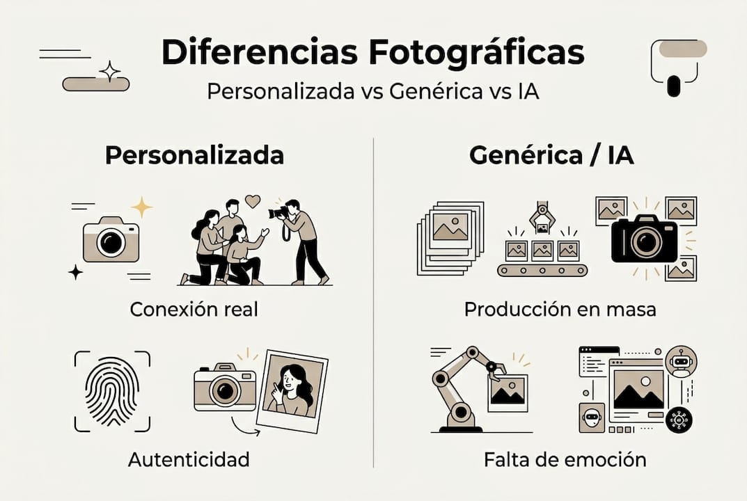 Infographic: differences between custom photography, generic images, and AI-generated creations
