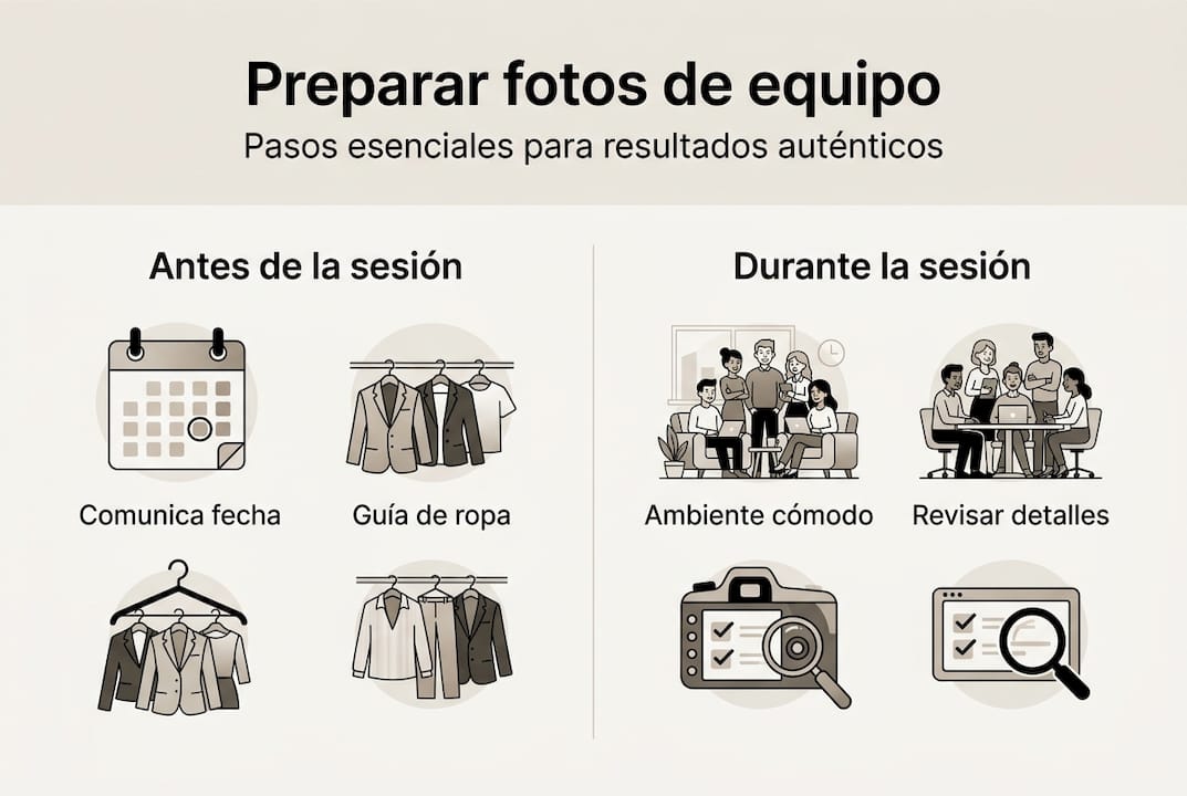 Infografía con los pasos esenciales y fotografías del equipo