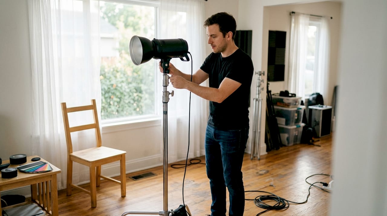 Fotógrafo preparando la iluminación en su estudio en casa