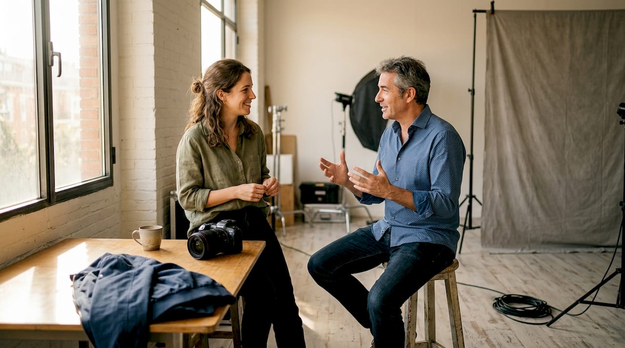 Antes de la sesión, la fotógrafa charla con su cliente para conocer sus expectativas y detalles importantes.