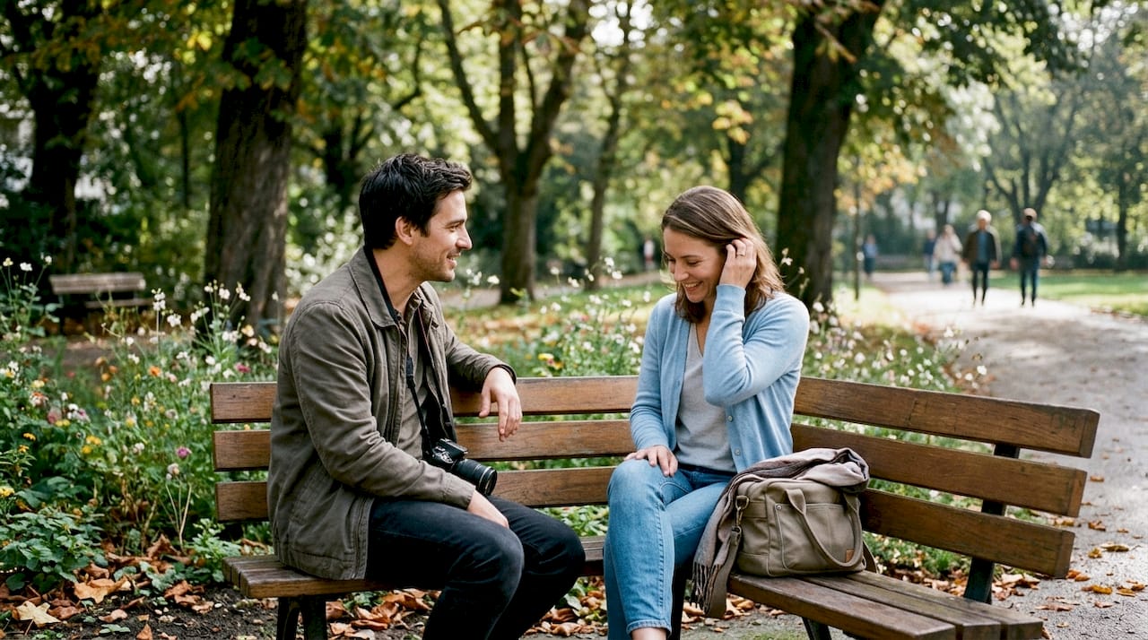 Der Fotograf spricht mit der Person, bevor er im Park ein Foto macht