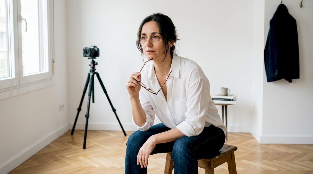 Nachdenkliche Frau, die in einem Fotostudio sitzt