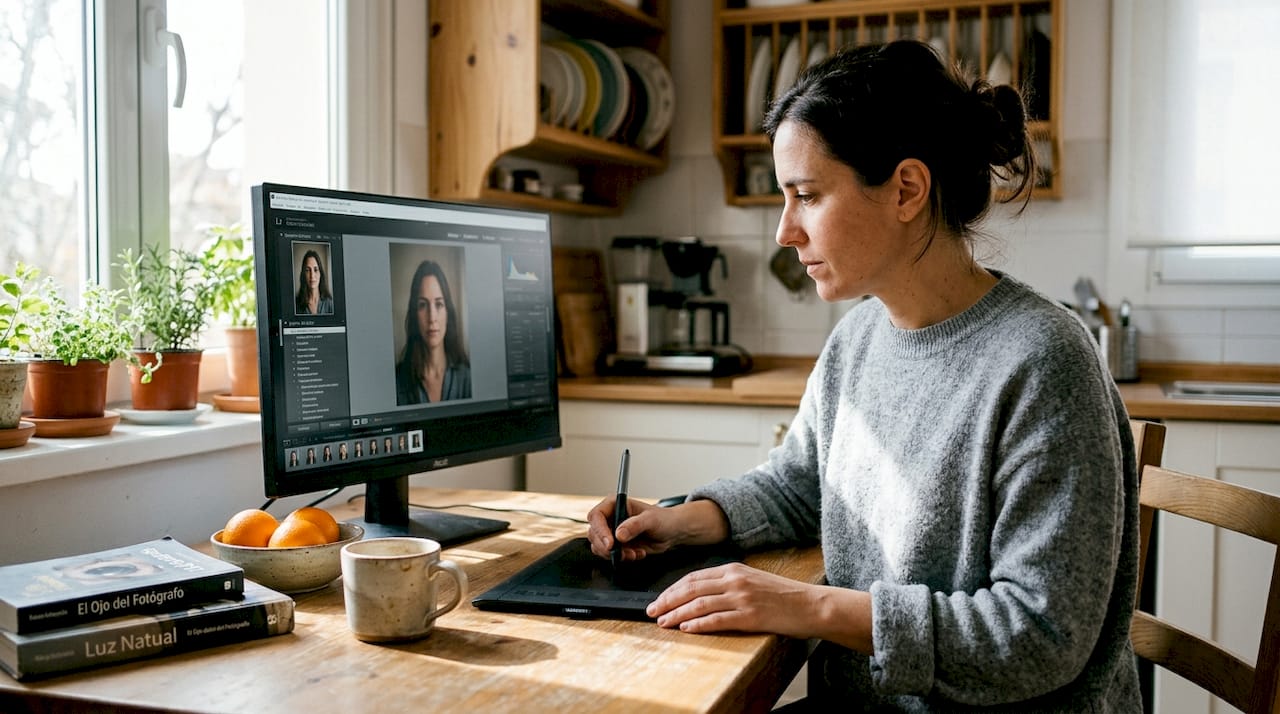Un fotógrafo retoca el retrato de una persona mientras trabaja en la cocina de su casa.