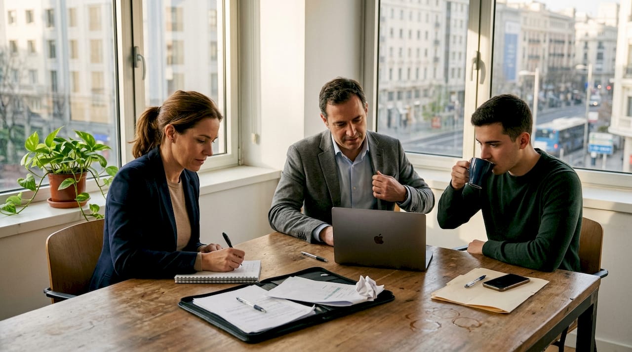 Un grupo de profesionales colaborando en una oficina amplia y bien iluminada