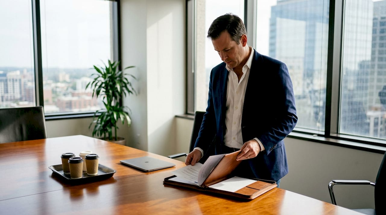 Executive reviews portfolio documents next to large windows with a panoramic view.