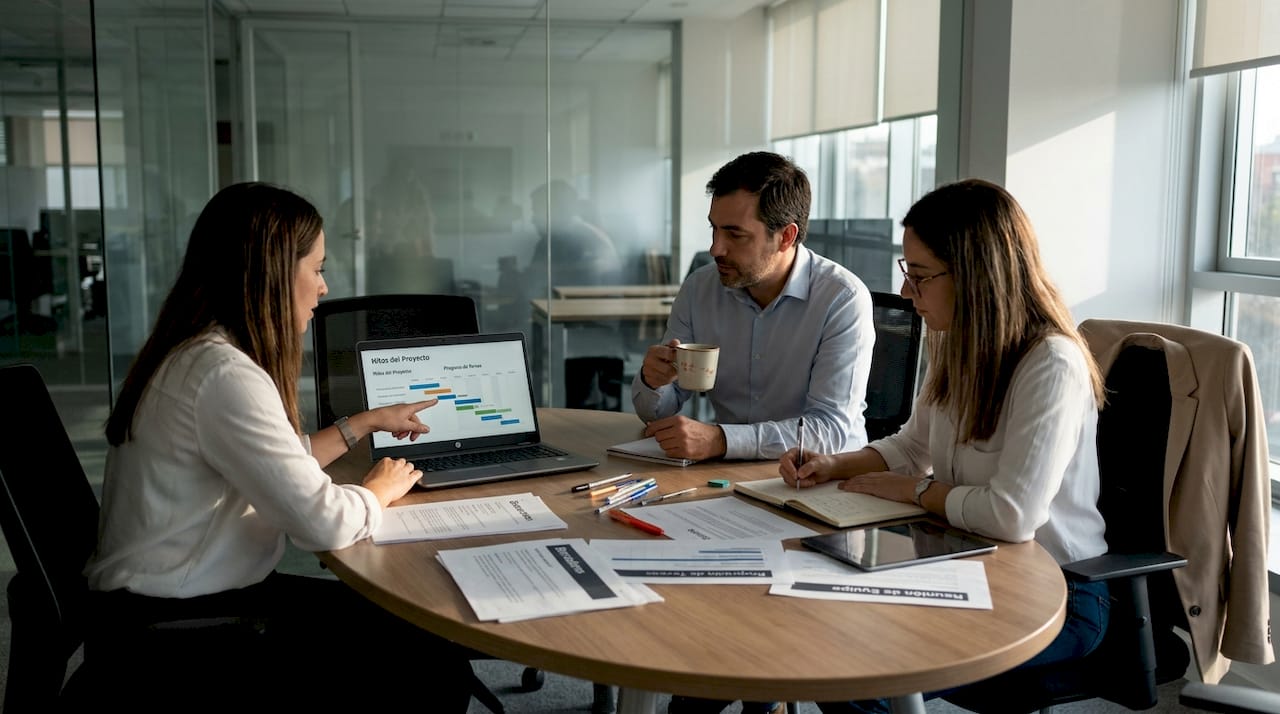 A workgroup holds a meeting in a glass-walled room.