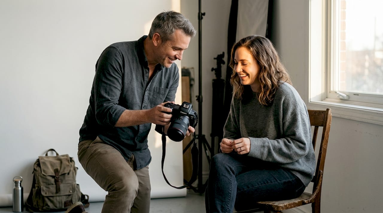 Ein Fotograf bereitet seine Kamera im Studio vor, während ein Modell bereit für die Sitzung wartet.