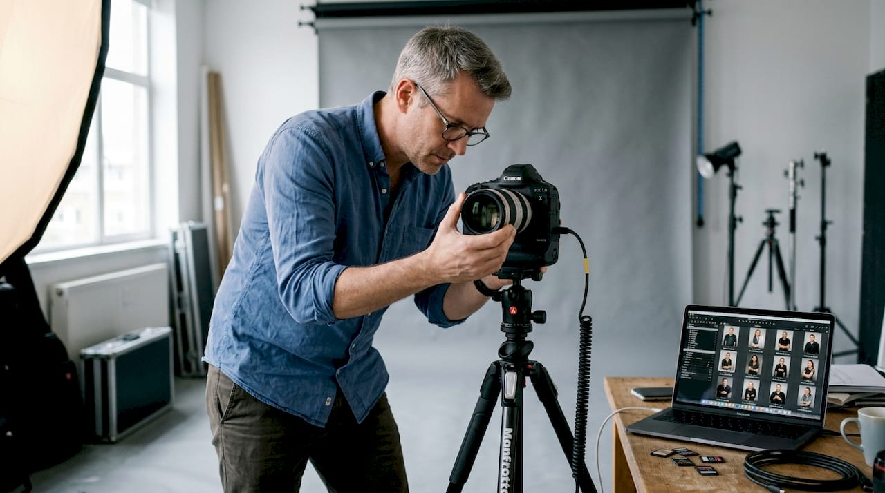 A photographer prepares their camera before a portrait session in their studio.