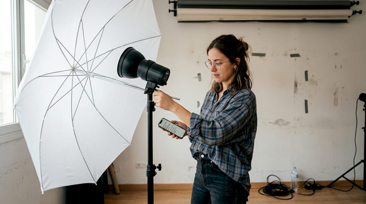 Eine Fotografin bereitet die Beleuchtung in einem kleinen Studio vor.