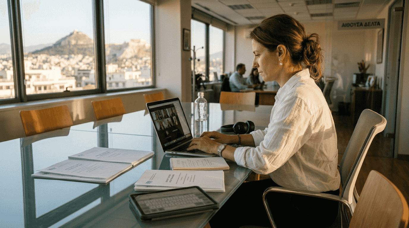 Μια γυναίκα συμμετέχει ενεργά σε μια διαδικτυακή συνάντηση networking