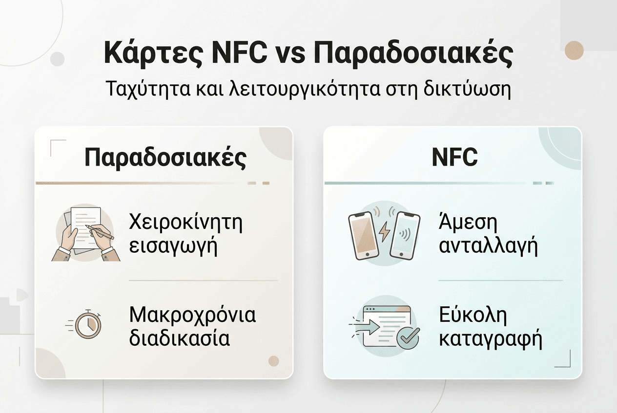 Γραφικό που παρουσιάζει με συγκριτικό τρόπο τις διαφορές ανάμεσα στις επαγγελματικές κάρτες NFC και στις παραδοσιακές κάρτες