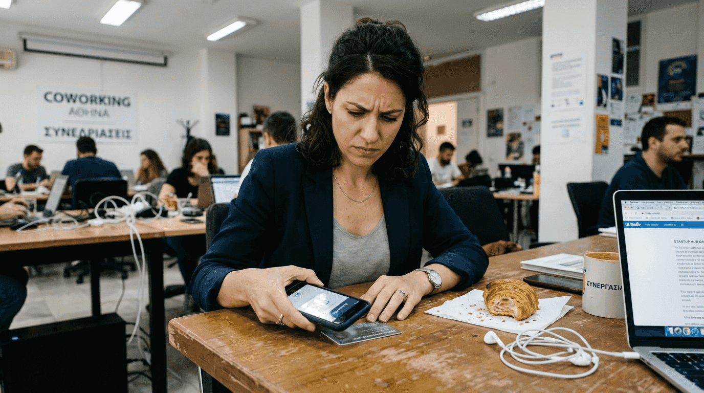 Μια γυναίκα προσπαθεί να λύσει κάποιο πρόβλημα με την κάρτα NFC της.