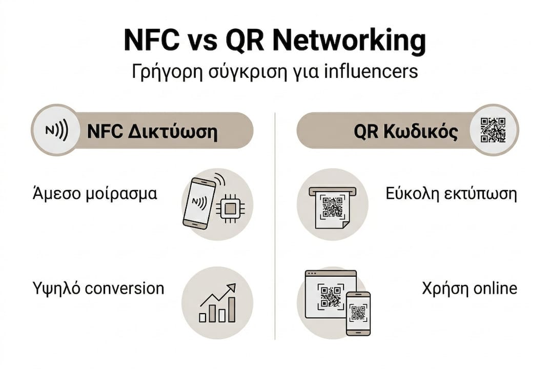 Γραφικό με σύγκριση των τεχνολογιών NFC και QR για έξυπνη δικτύωση