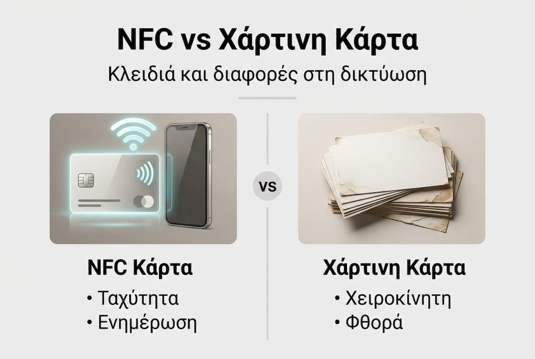 Γραφικό με τα βασικά πλεονεκτήματα και μειονεκτήματα της NFC κάρτας σε σύγκριση με την παραδοσιακή χάρτινη κάρτα