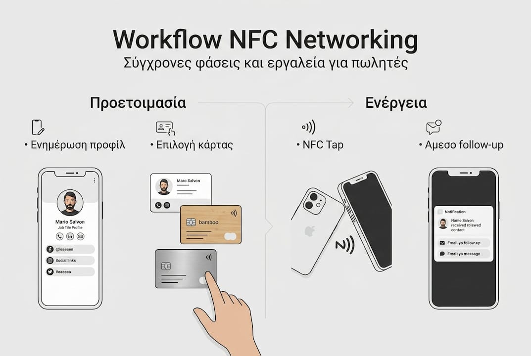 Εικονογραφημένη παρουσίαση των βασικών σταδίων της διαδικασίας σύνδεσης μέσω NFC