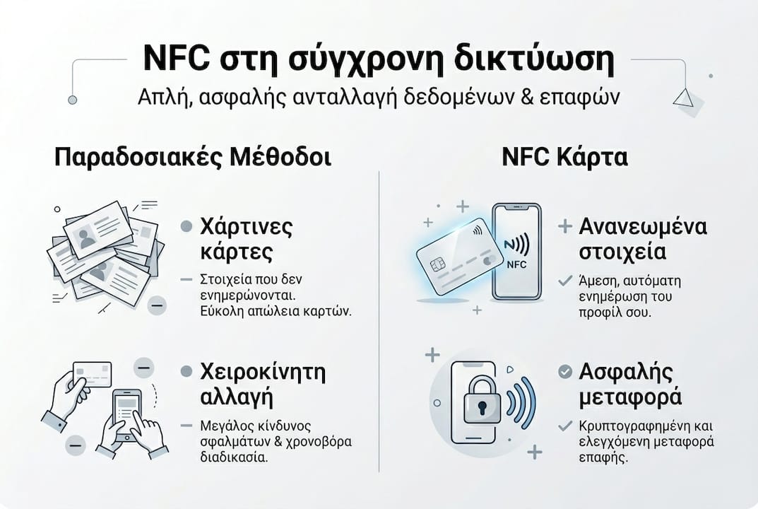Απλό γράφημα με τις βασικές διαφορές μεταξύ NFC και παραδοσιακών μεθόδων