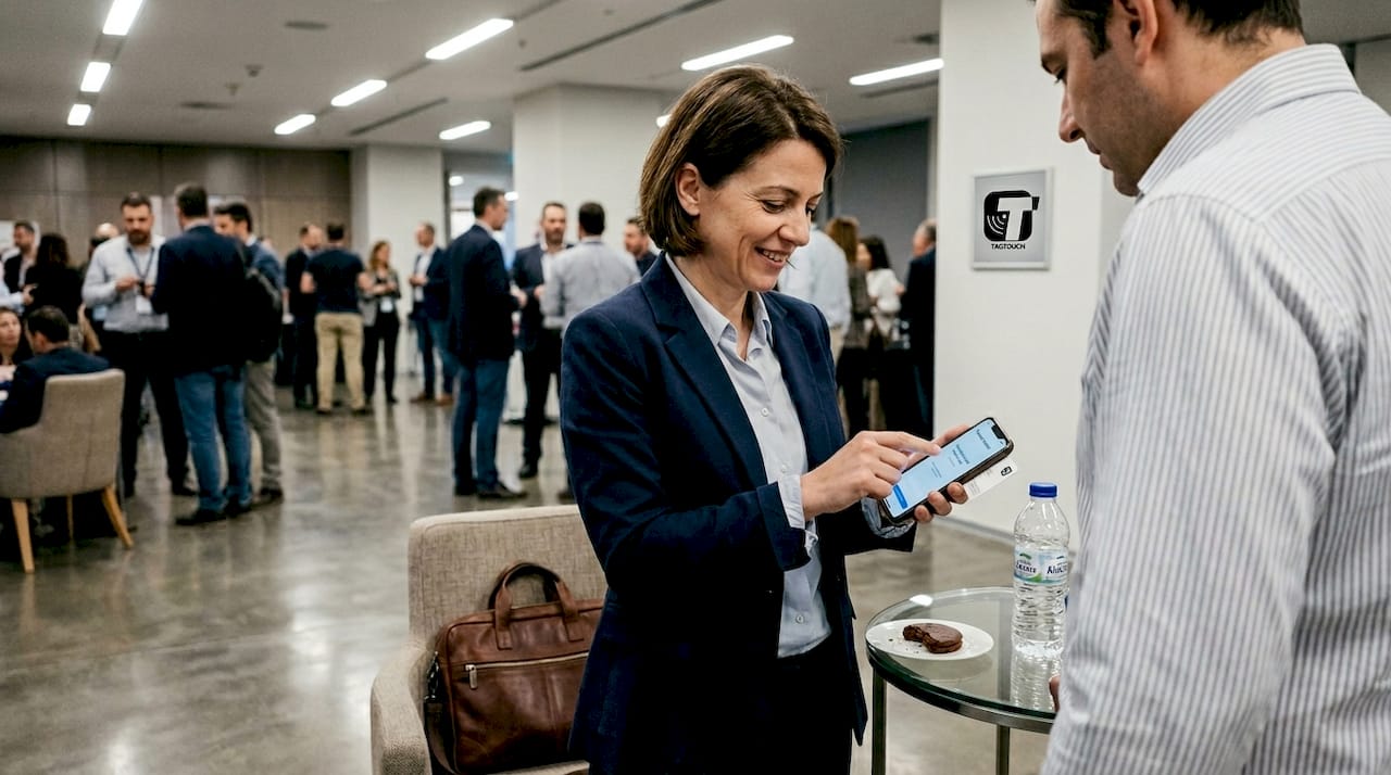 Μια γυναίκα χρησιμοποιεί κάρτα NFC σε επαγγελματική εκδήλωση.