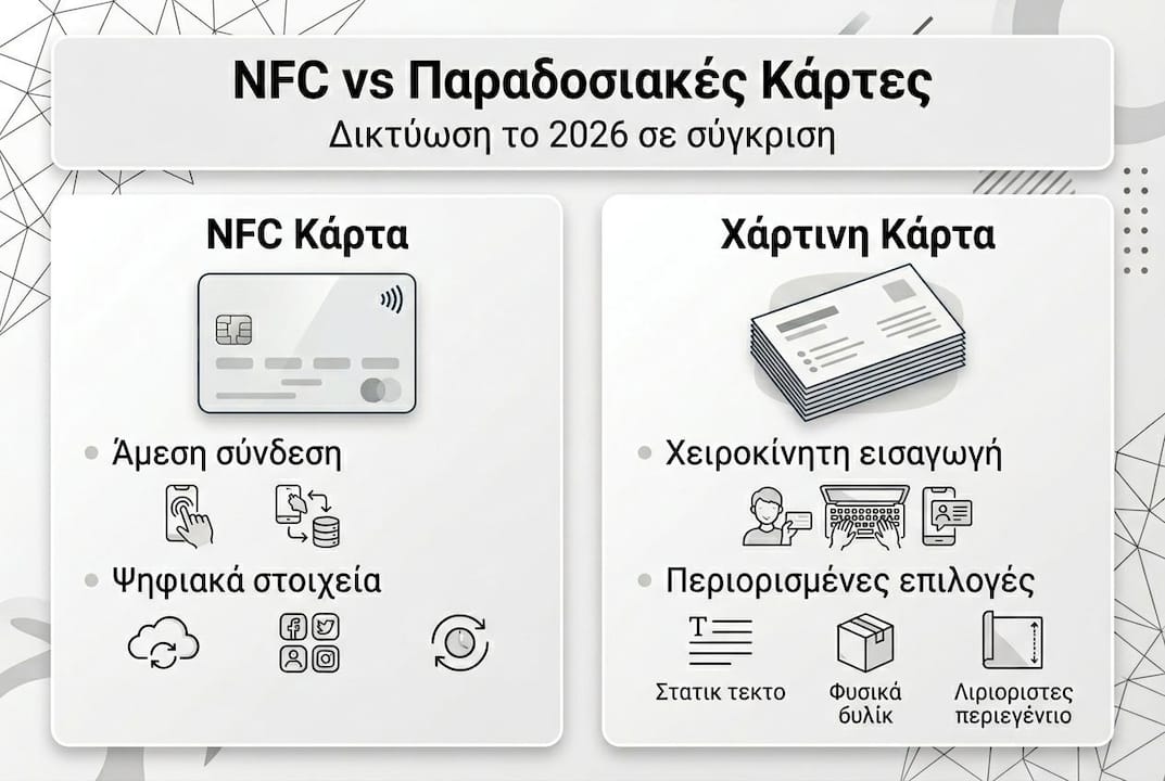 Εικονογραφημένη σύγκριση μεταξύ ψηφιακών NFC καρτών και παραδοσιακών χάρτινων καρτών