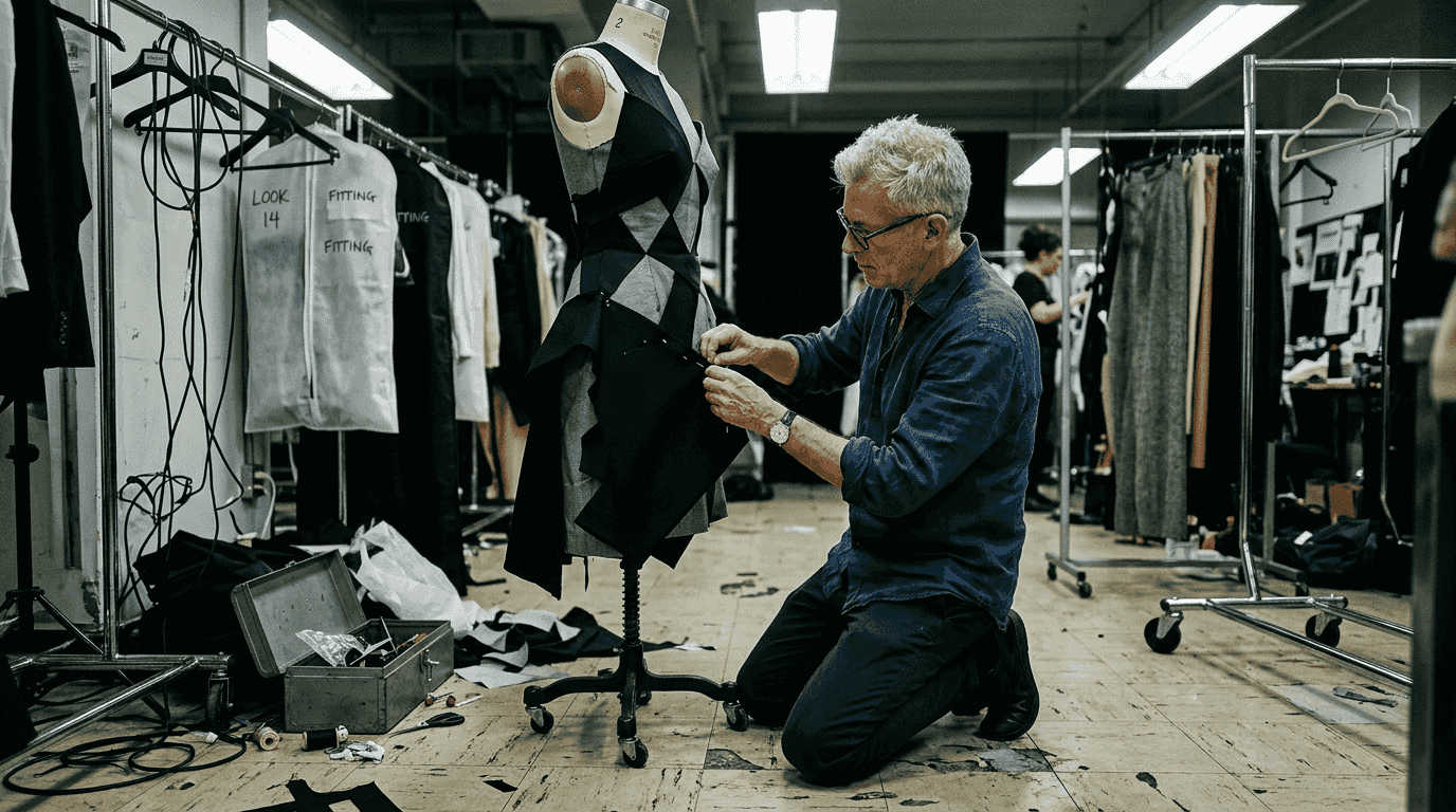 Designer pinning geometric couture dress backstage